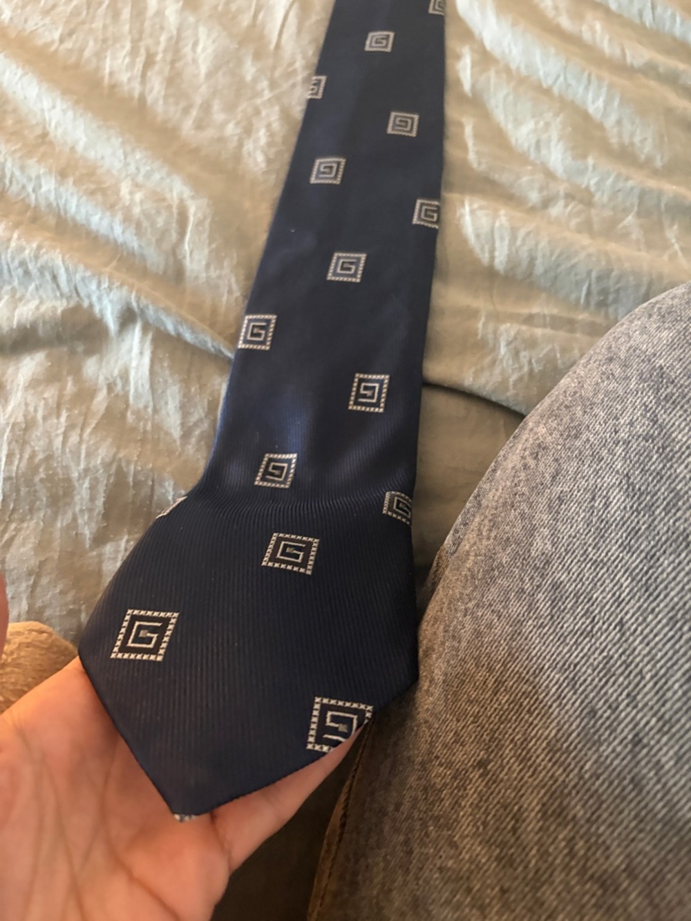 Gucci Navy Silk Tie with Silver Geometric Squares